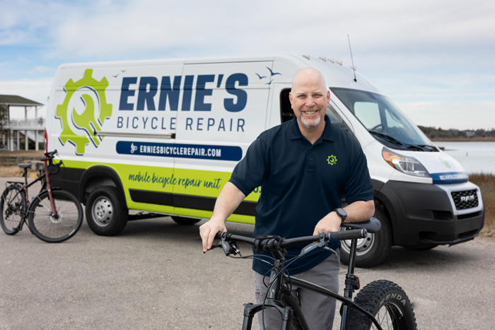 Ernie | Ernie's Bicycle Repair Ernie in front of Mobile Bike Repair Van